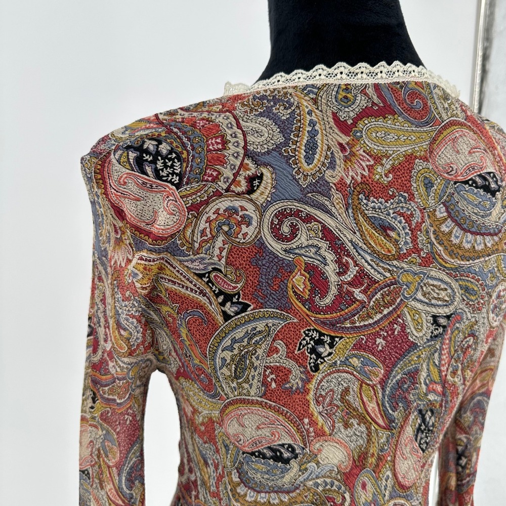 Red Paisley Boho 100% Silk Lace Flare Long Sleeve Sheer Top Whimsy Bohemian M - Picture 6 of 7